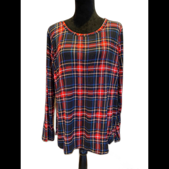 24/7 Top Plus Size XL Red Navy Plaid Blouse  +Stretch Super Soft  Extra Long - Picture 1 of 11